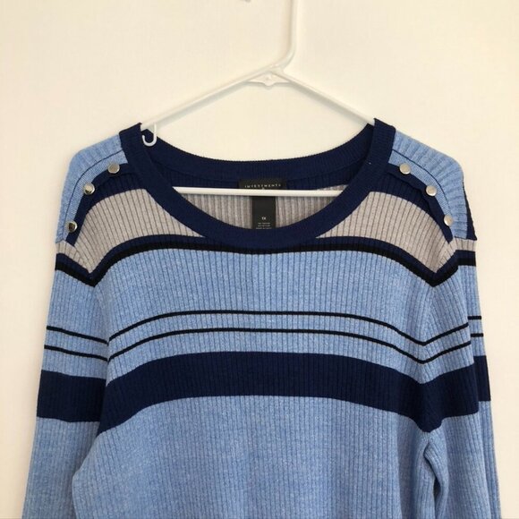 NEW NWT INVESTMENTS Plus Size Blue Light Blue Black Striped Crew Neck Sweater 1X - Picture 2 of 10